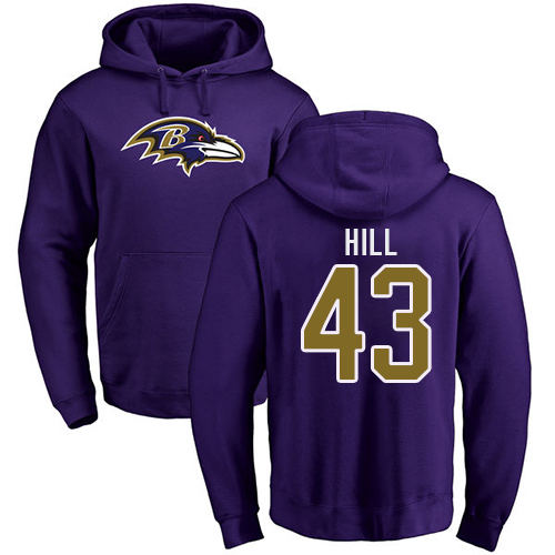 Men Baltimore Ravens Purple Justice Hill Name and Number Logo NFL Football #43 Pullover Hoodie Sweatshirt